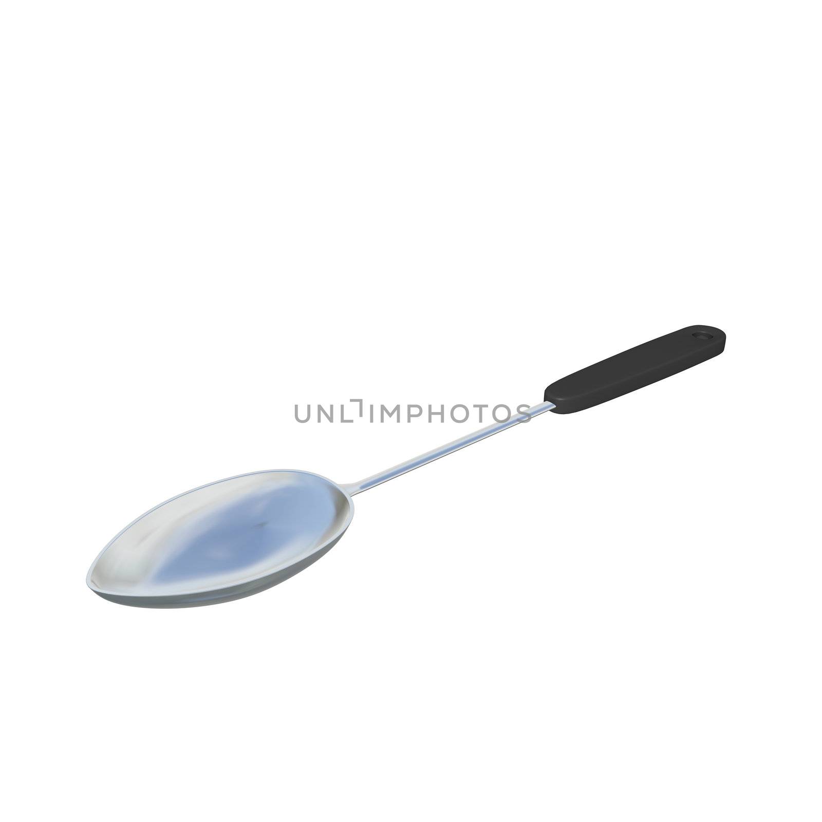 Stainless steel spoon laddle with black handle, 3D illustration, isolated against a white background