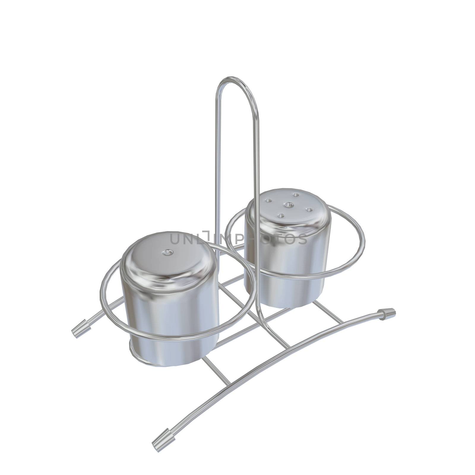 Stainless steel salt and pepper shakers with rack, 3D illustration, isolated against a white background
