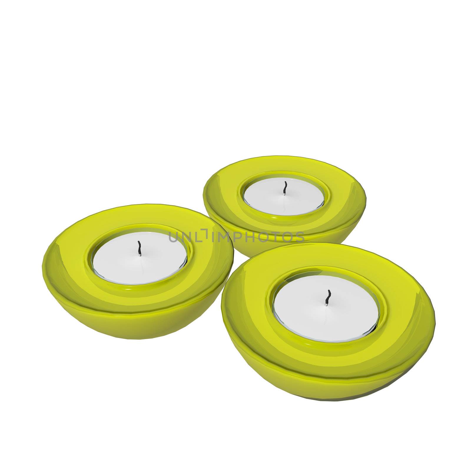 Yellow round ceramic candle holders, 3D illustration by Morphart
