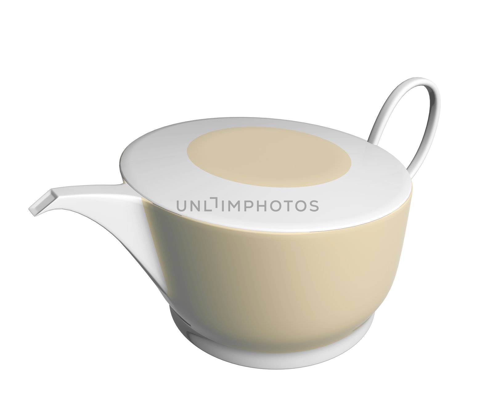White and beige ceramic tea pot, 3D illustration, isolated against a white background