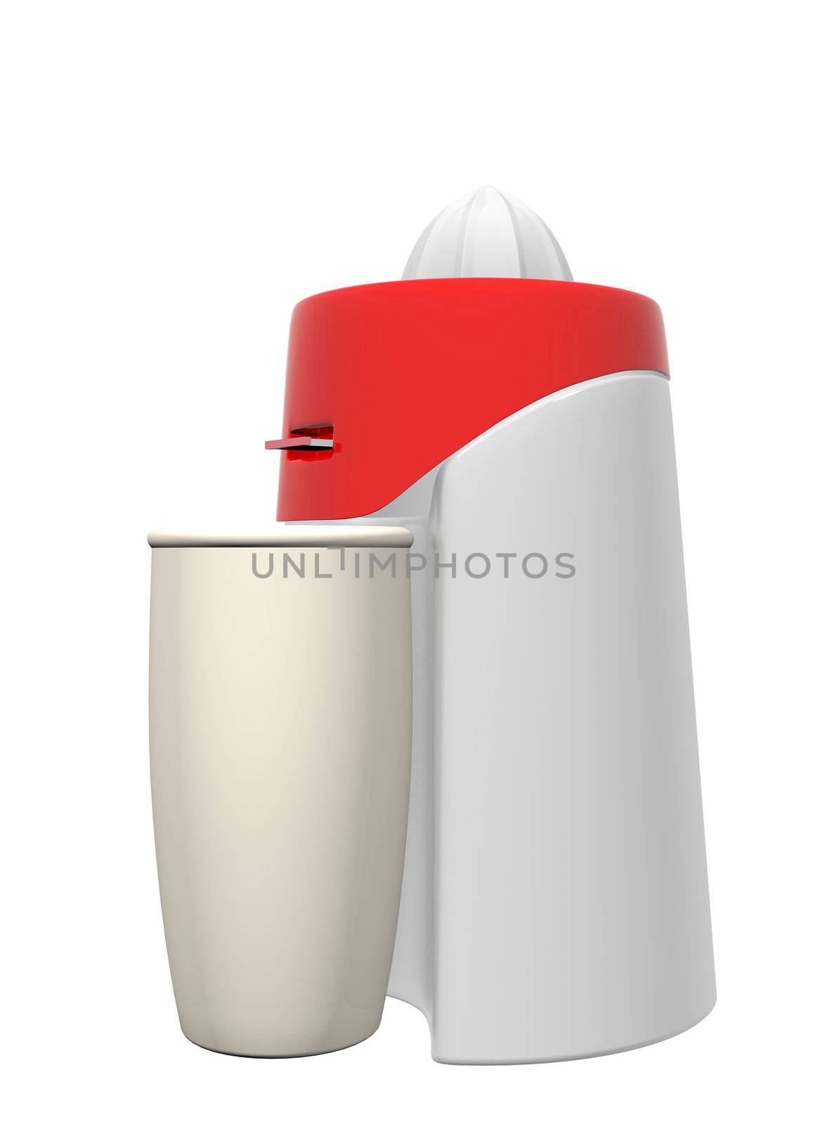 Red and white juicer and tall beige glass, 3D illustration by Morphart