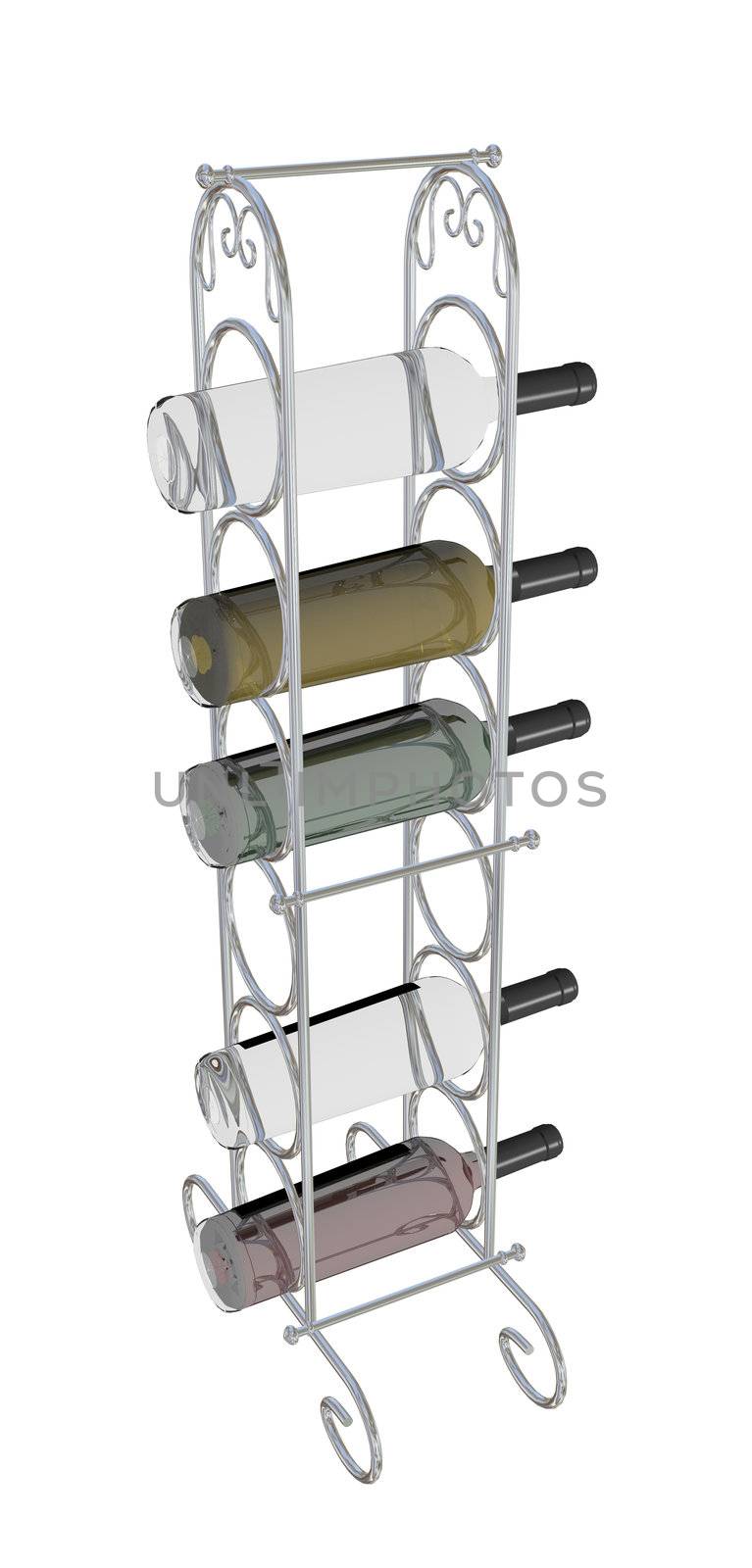 Wine bottles placed on a metal wine rack, 3D illustration, isolated against a white background