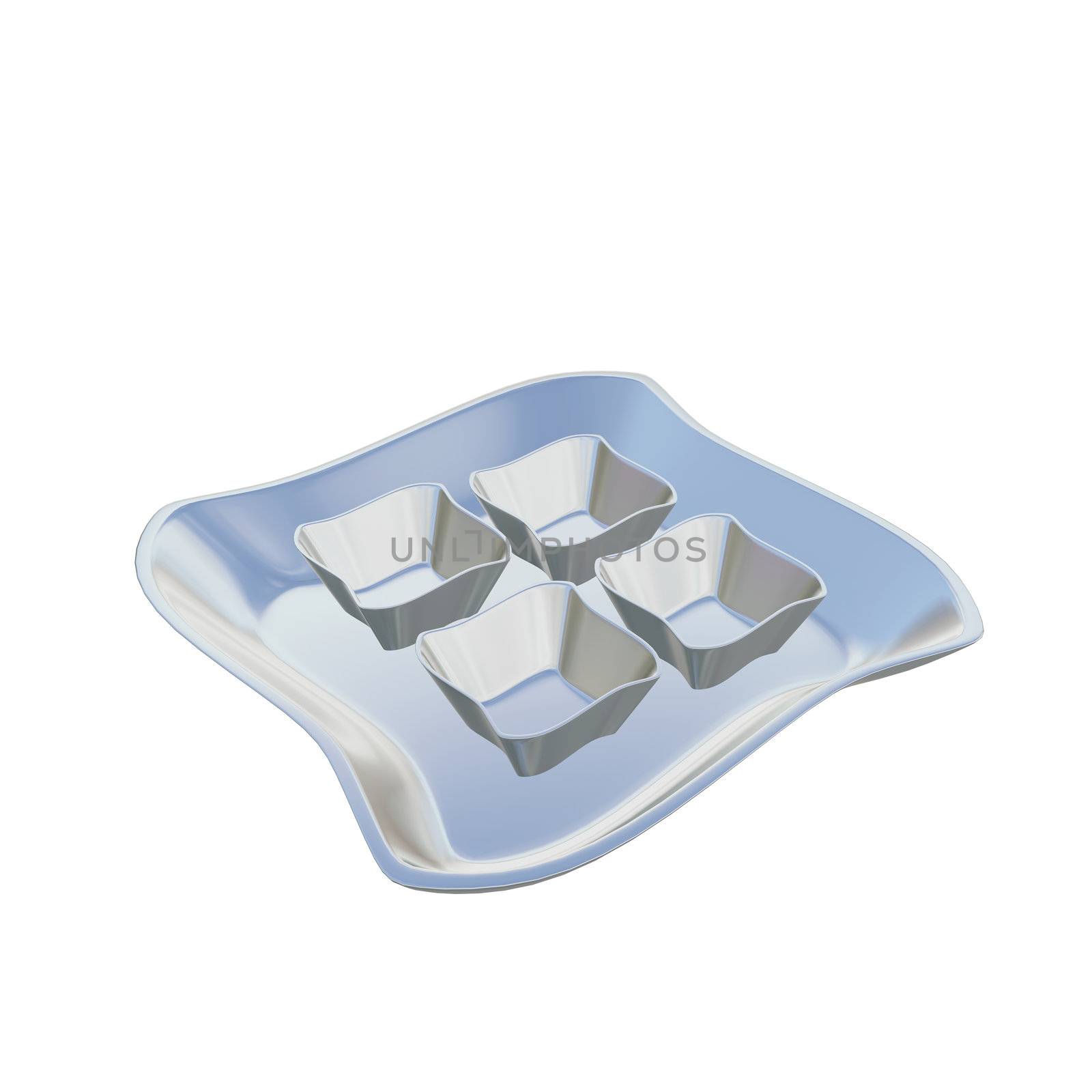 Fancy square shaped stainless steel serving dishes, 3D illustration, isolated against a white background