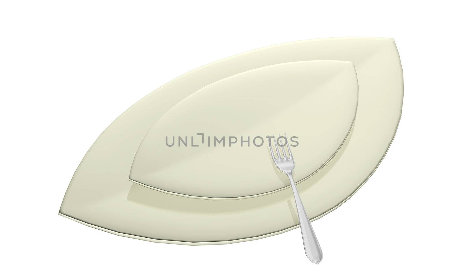 Leaf shaped serving dishes with fork, 3D illustration, isolated against a white background