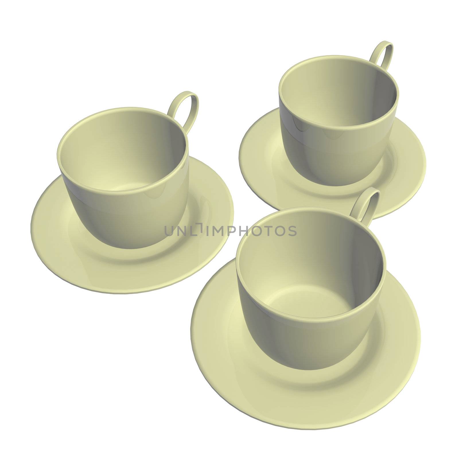 Ceramic tea cups and saucers, 3D illustration, isolated against a white background