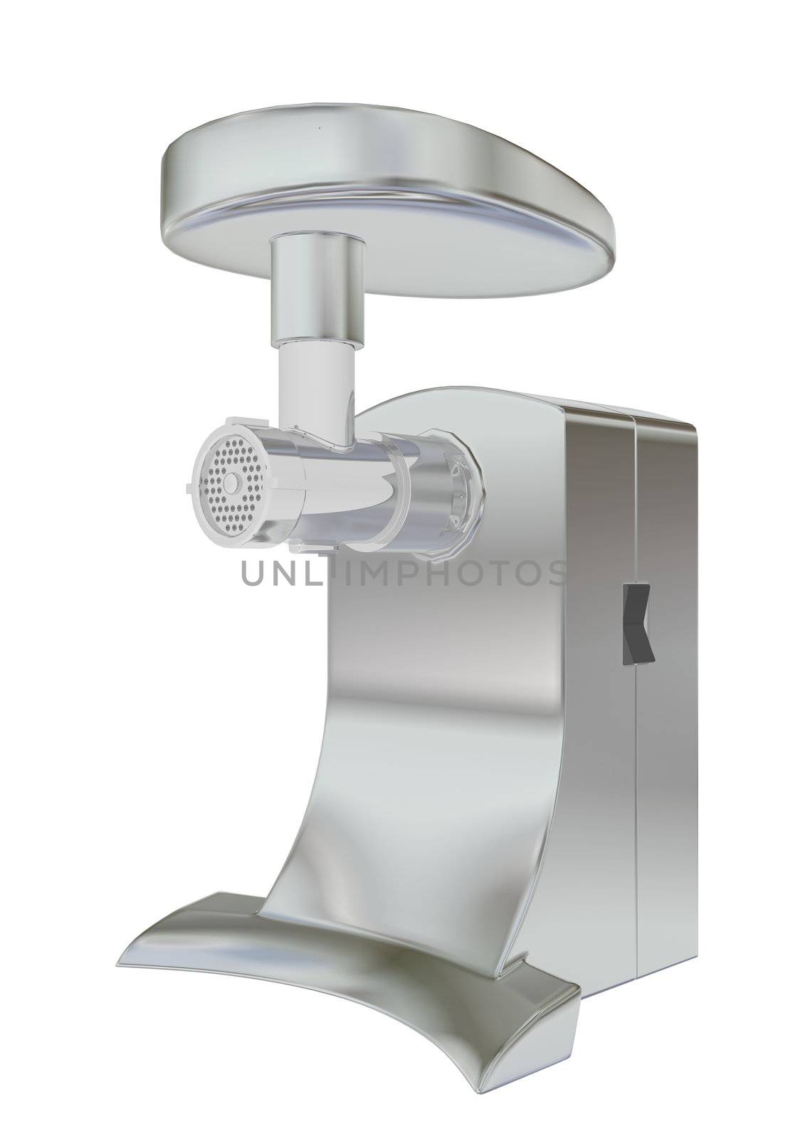 Stainless steel meat grinder, 3D illustration, isolated against a white background