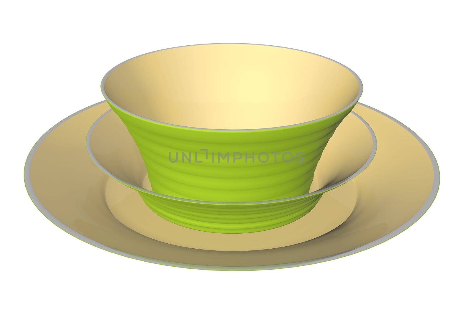 Green and beige ceramic dinner plate and bowls, 3D illustration, isolated against a white background