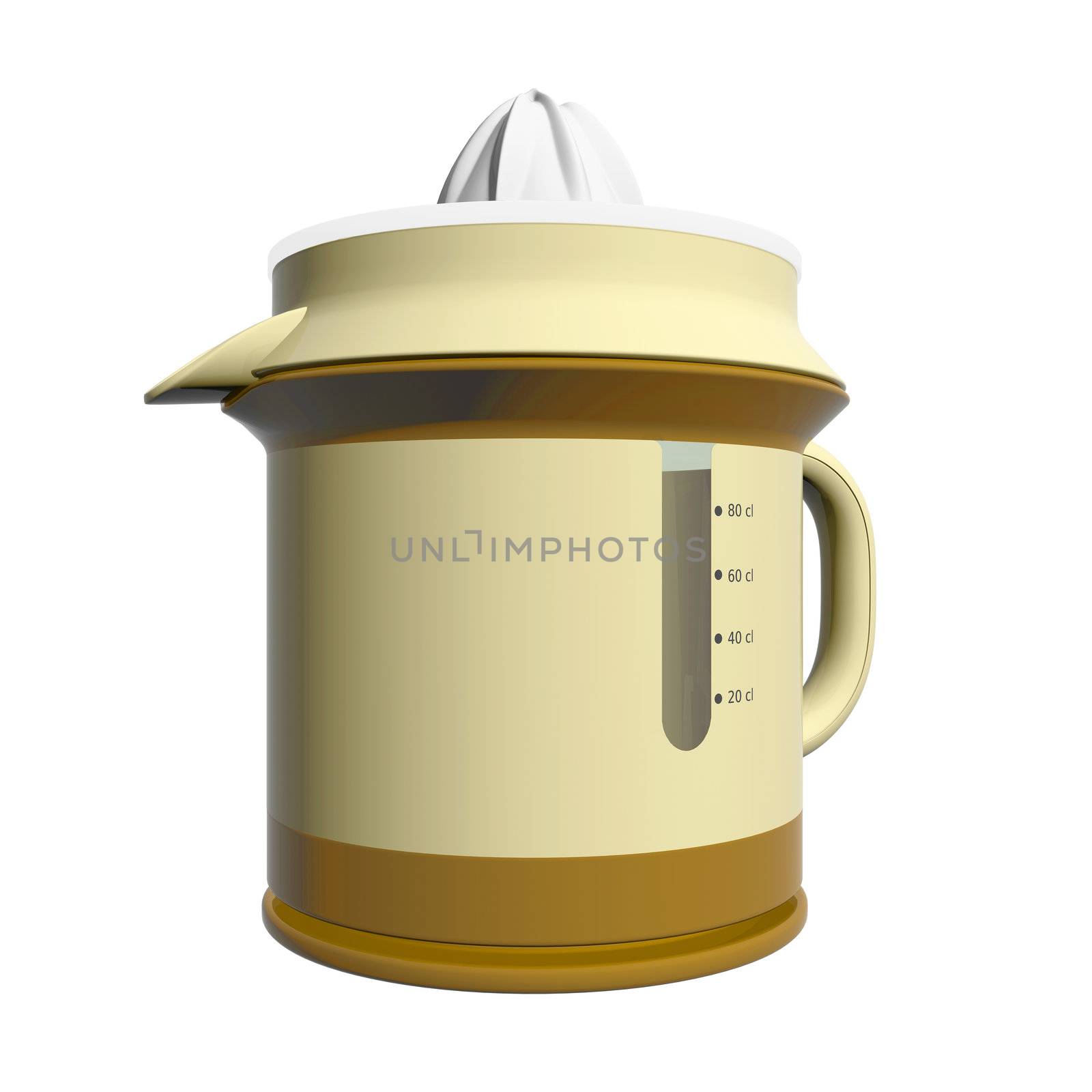 Combination juicer and pitcher, brown and yellow, plastic, 3D illustration, isolated against a white background
