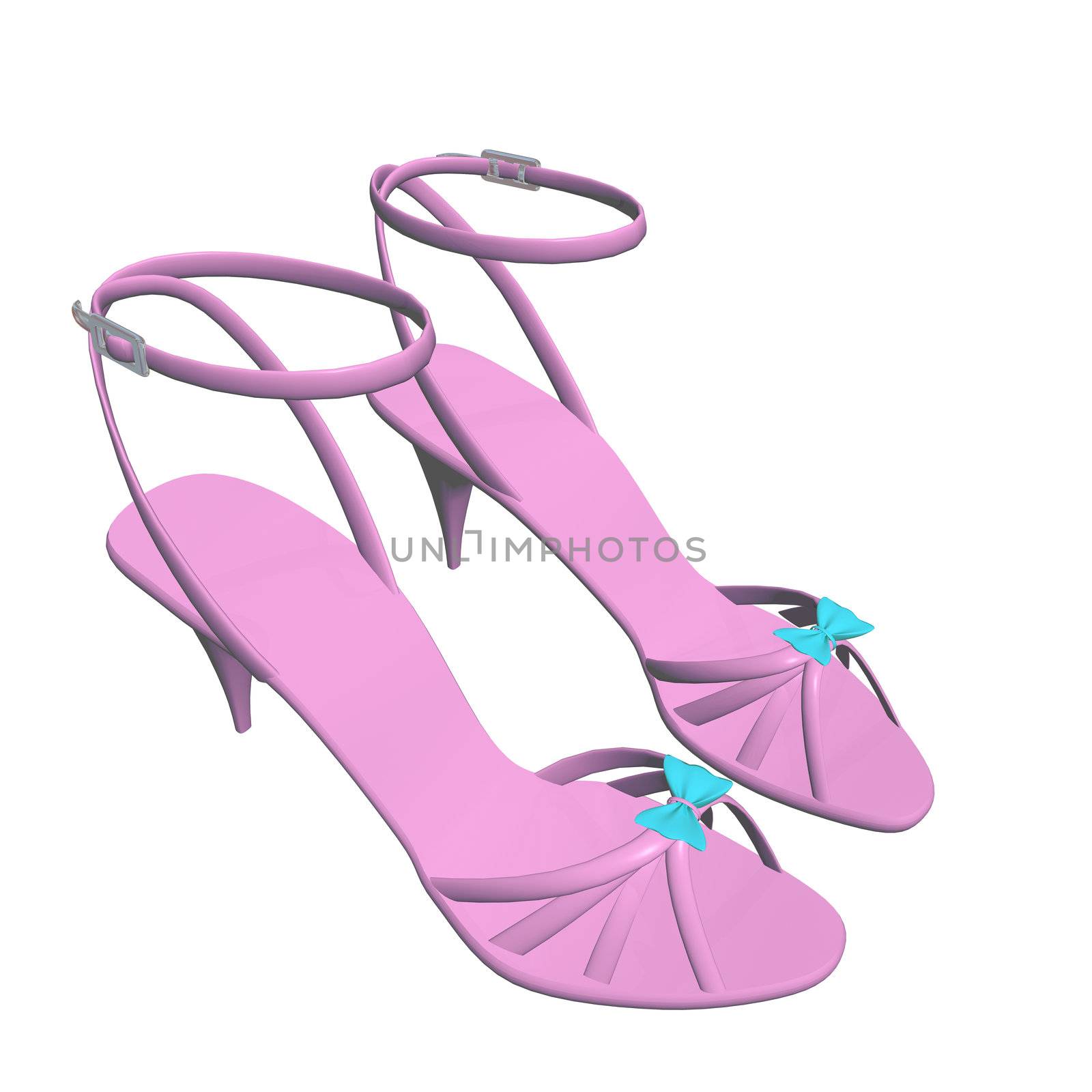 Pink stilleto heels or hig heels shoes with ankle strap and blue ribbon, 3D illustration, isolated against a white background