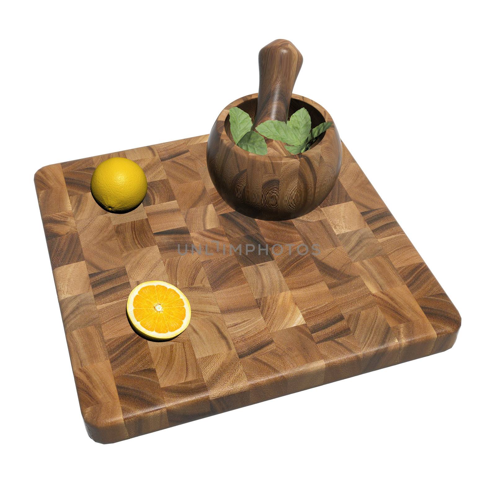 Square wooden sushi platter with whole and sliced orange and min by Morphart