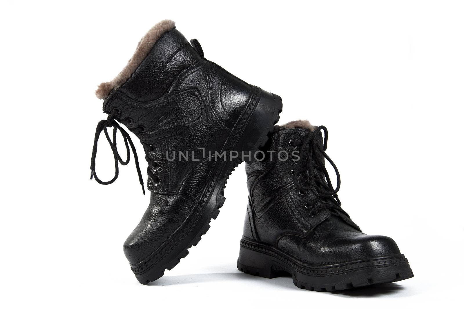 Black man's boots, on the white background, isolated