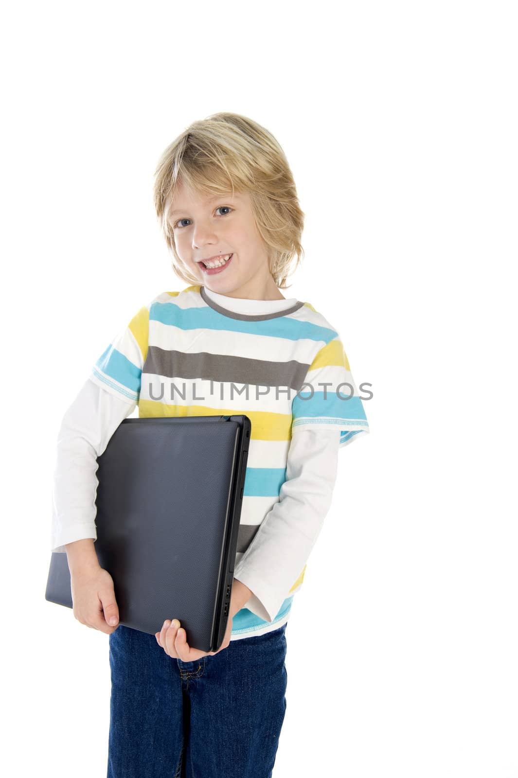 a boy with a laptop on a white background
