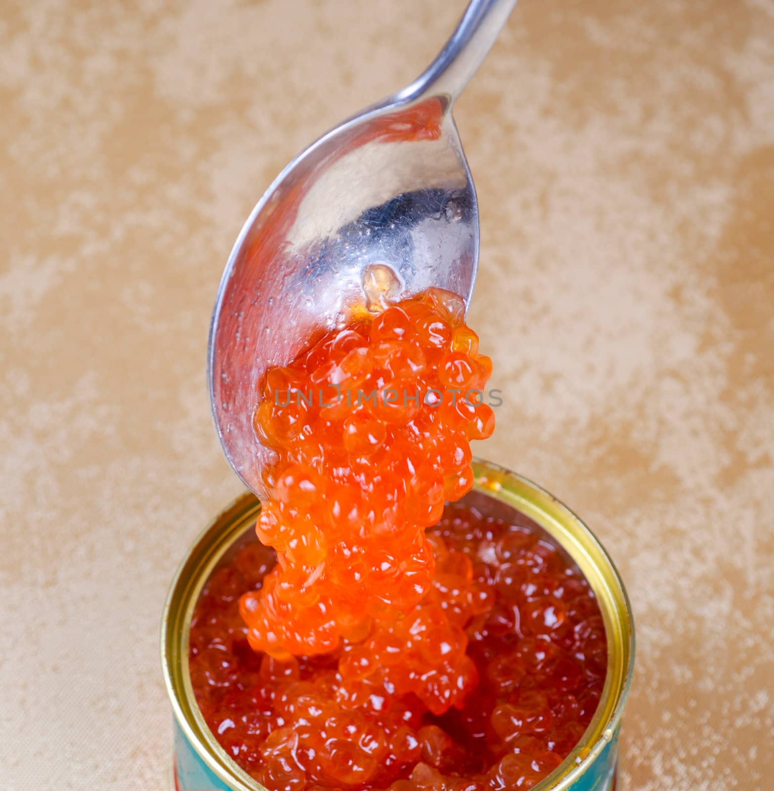 Canned salmon red caviar with spoon closeup