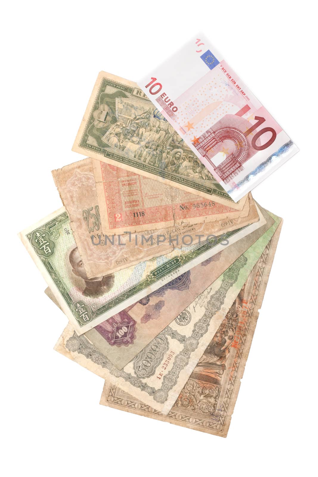 Bills of the money are put by semicircle on white background, ten euro