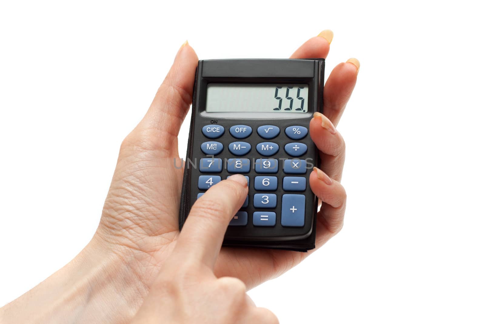 Calculator in feminine hand, on screen 555