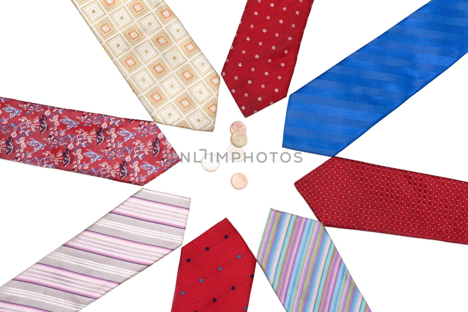 Male ties put around, in centre of the coin one euro, cent