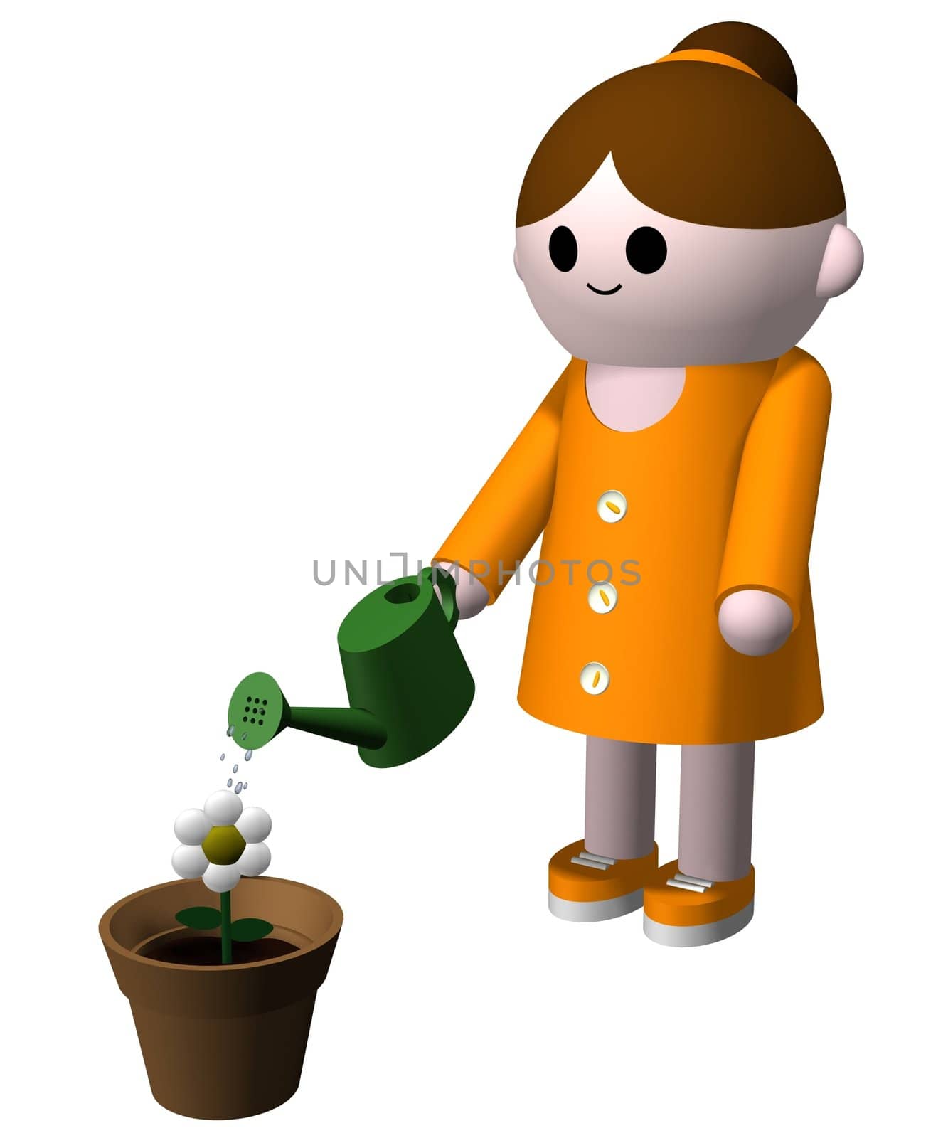 3D illustration of a girl watering a flower