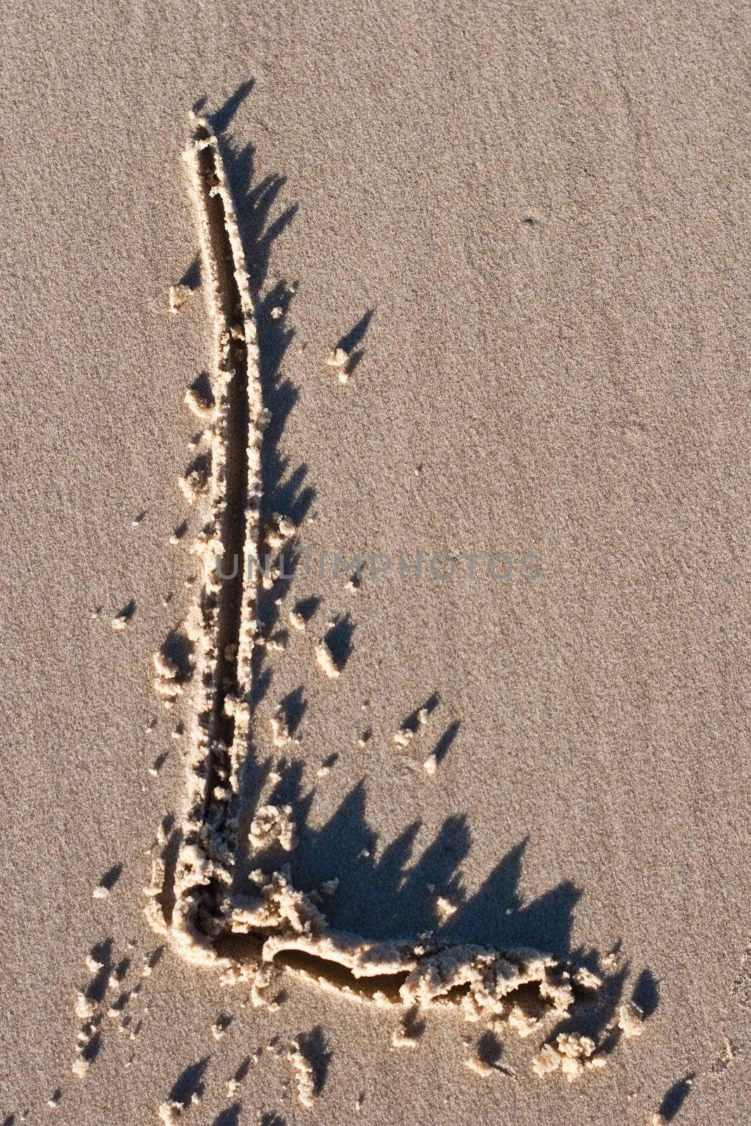 Letter L drawn in the sand. 
