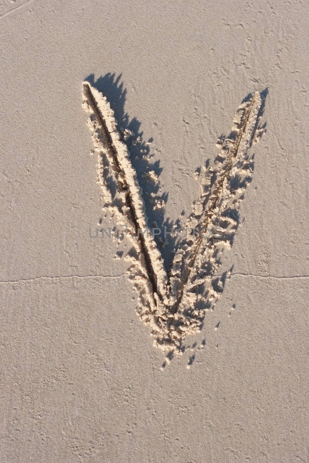 Letter V drawn in the sand. 
