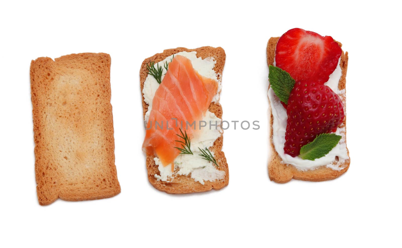 Upper view of tasty toast isolated against a white background.