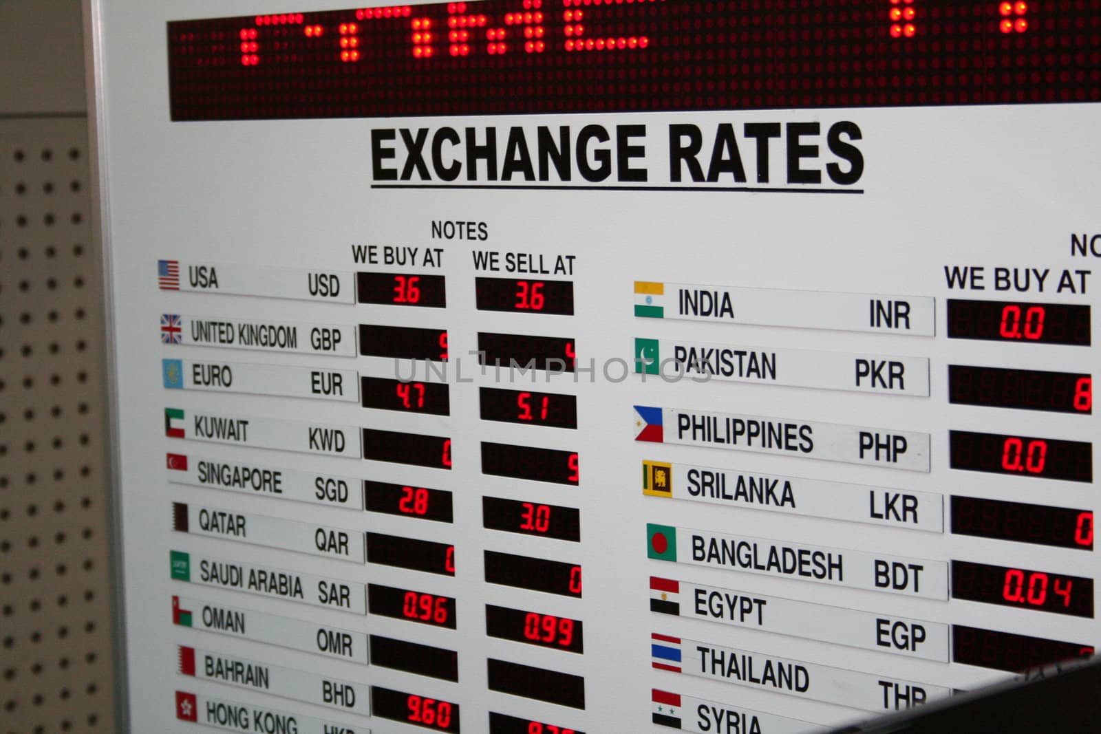 Scoreboard of excange rates from the airport