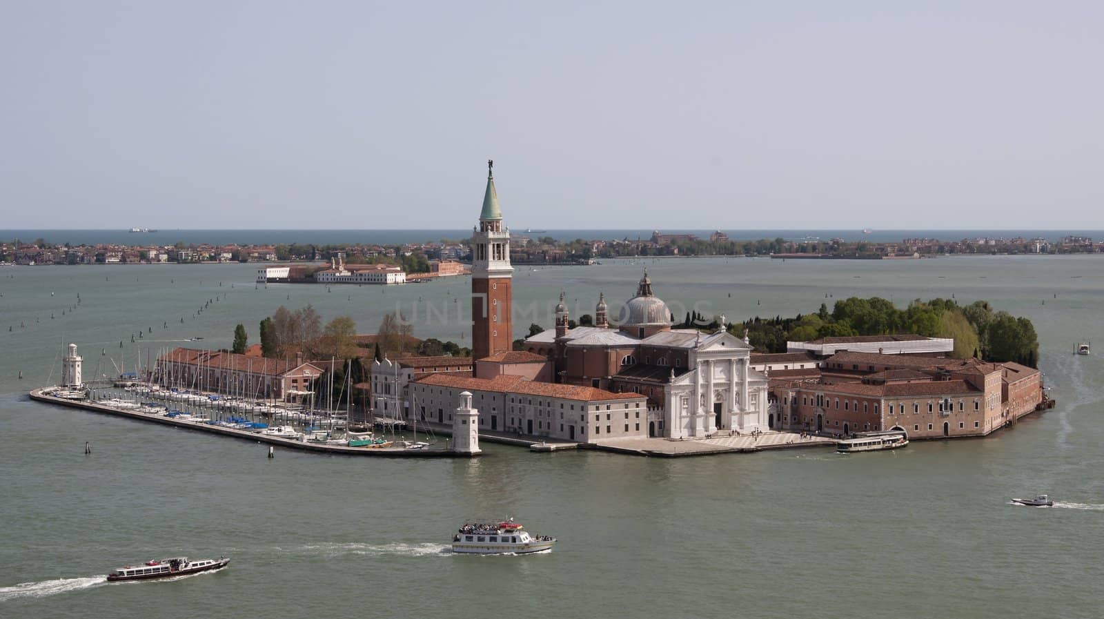 Aerial view of Venice city from the top of the bell tower at the San Marco Square