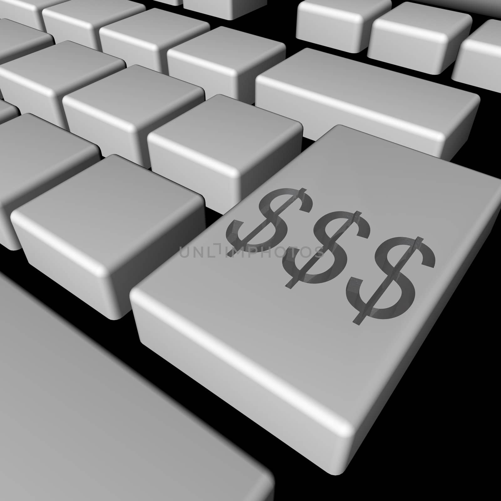 Three dollar symbol on a 3D render of a keyboard