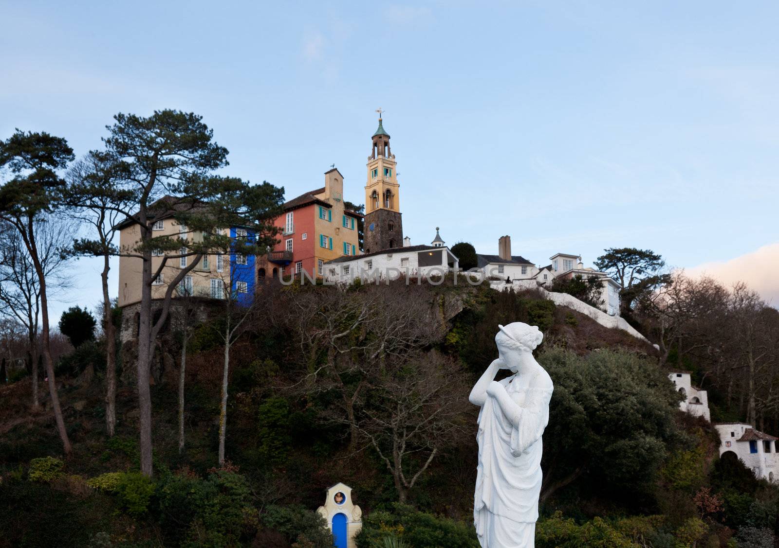 Portmerion village on the North coast of Wales in winter showing the fantasy houses