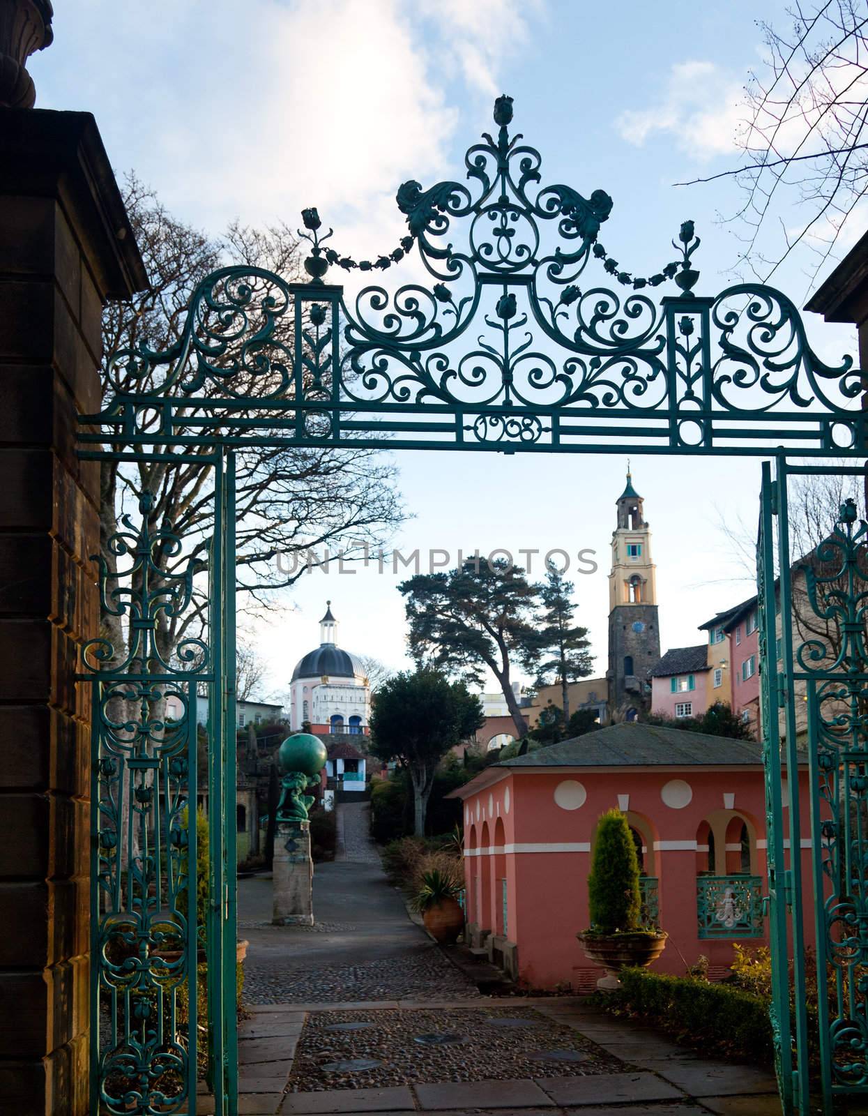 Portmerion village on the North coast of Wales in winter showing the fantasy houses through the ornate gates