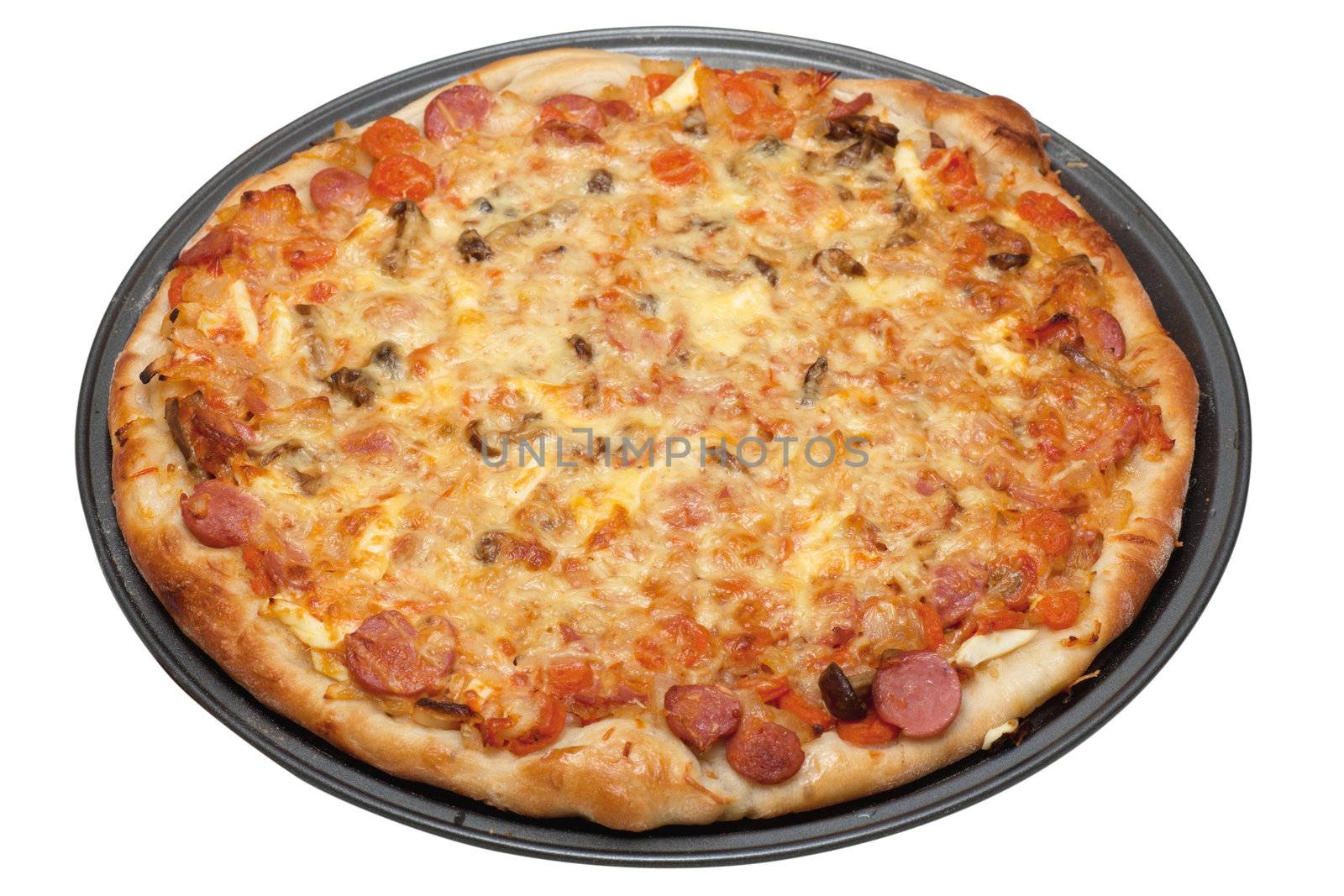 Hot fresh pizza on a baking tray isolated