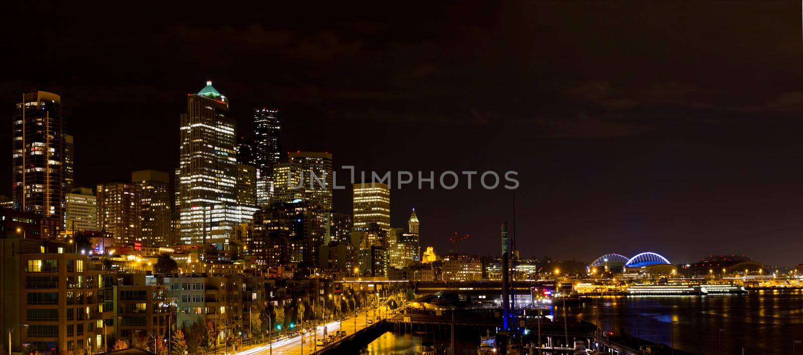 Seattle Washington Skyline along Puget Sound at Night