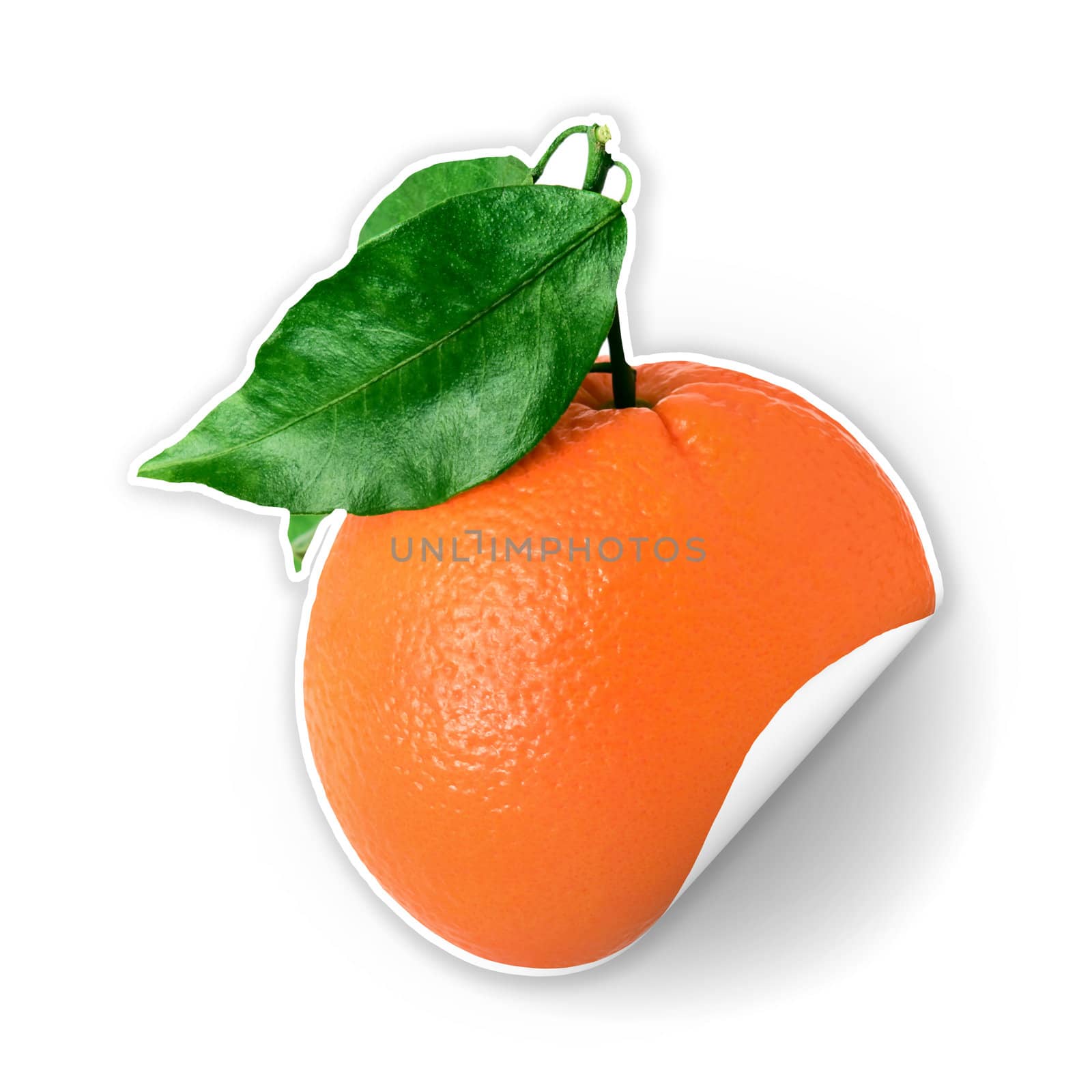 single orange sticker with green leaf over white background 