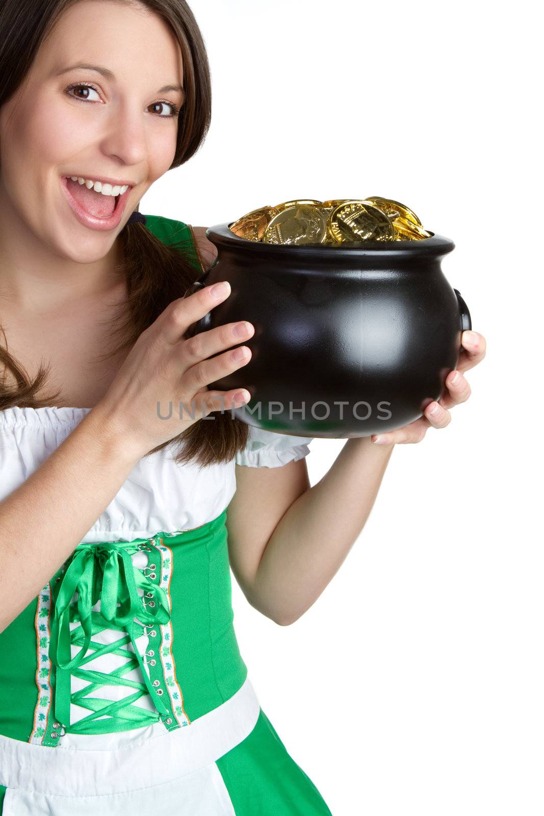 Irish woman holding pot of gold