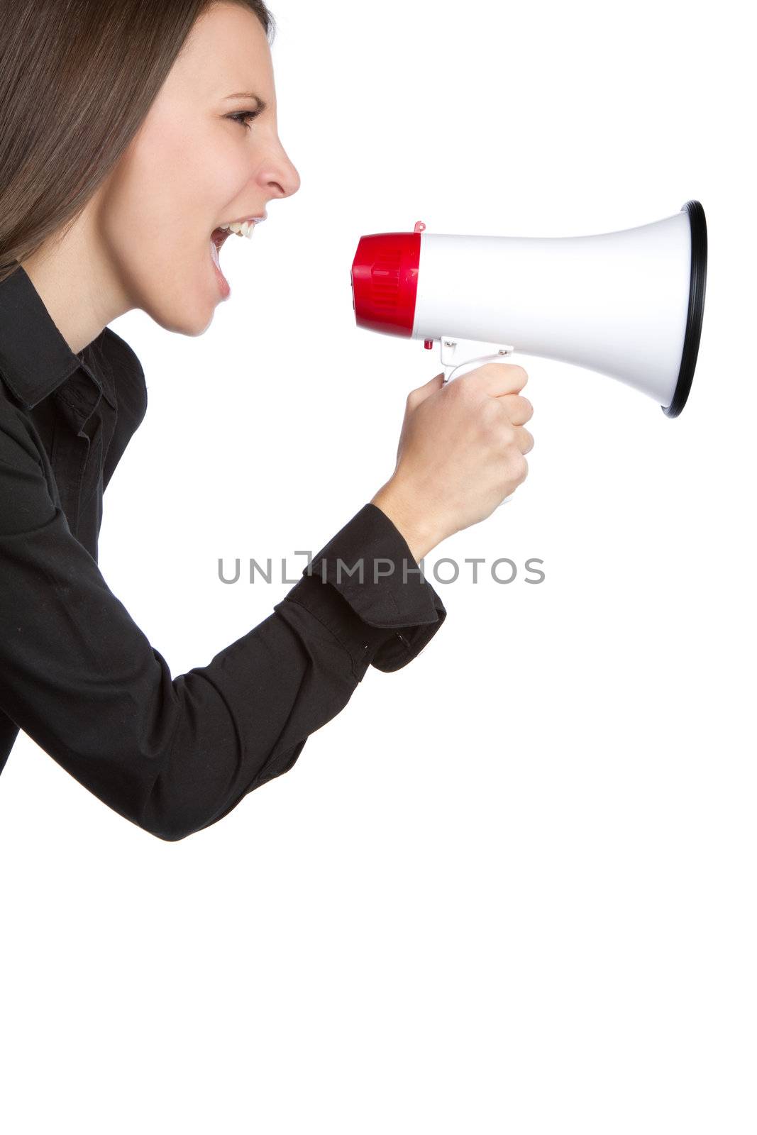 Young woman yelling into megaphone