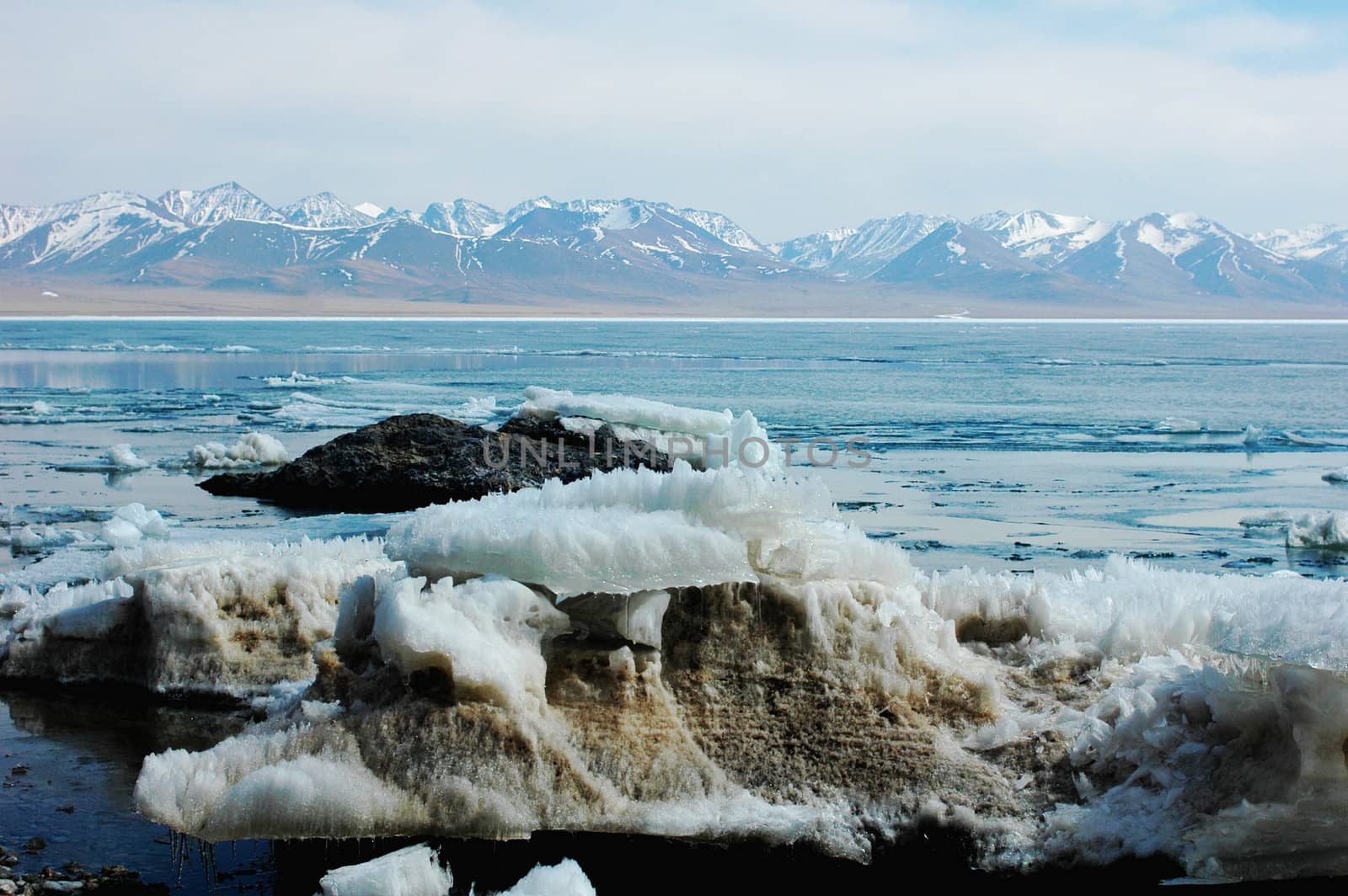 Scenery of a frozen lake and mountains in Tibet