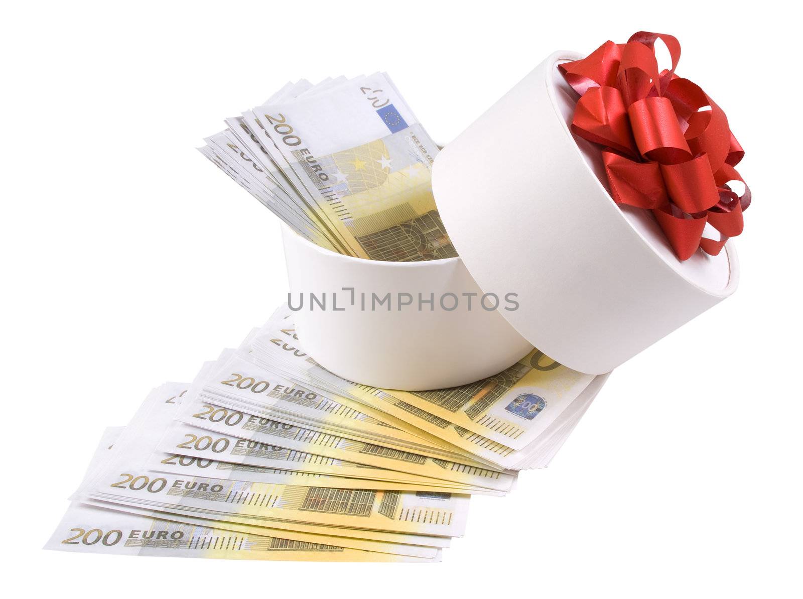 White round box full of banknotes for two hundred euros