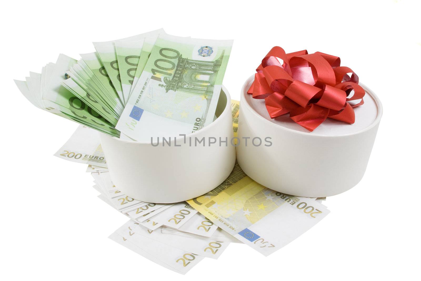 White round box withf banknotes for one and two hundred euros