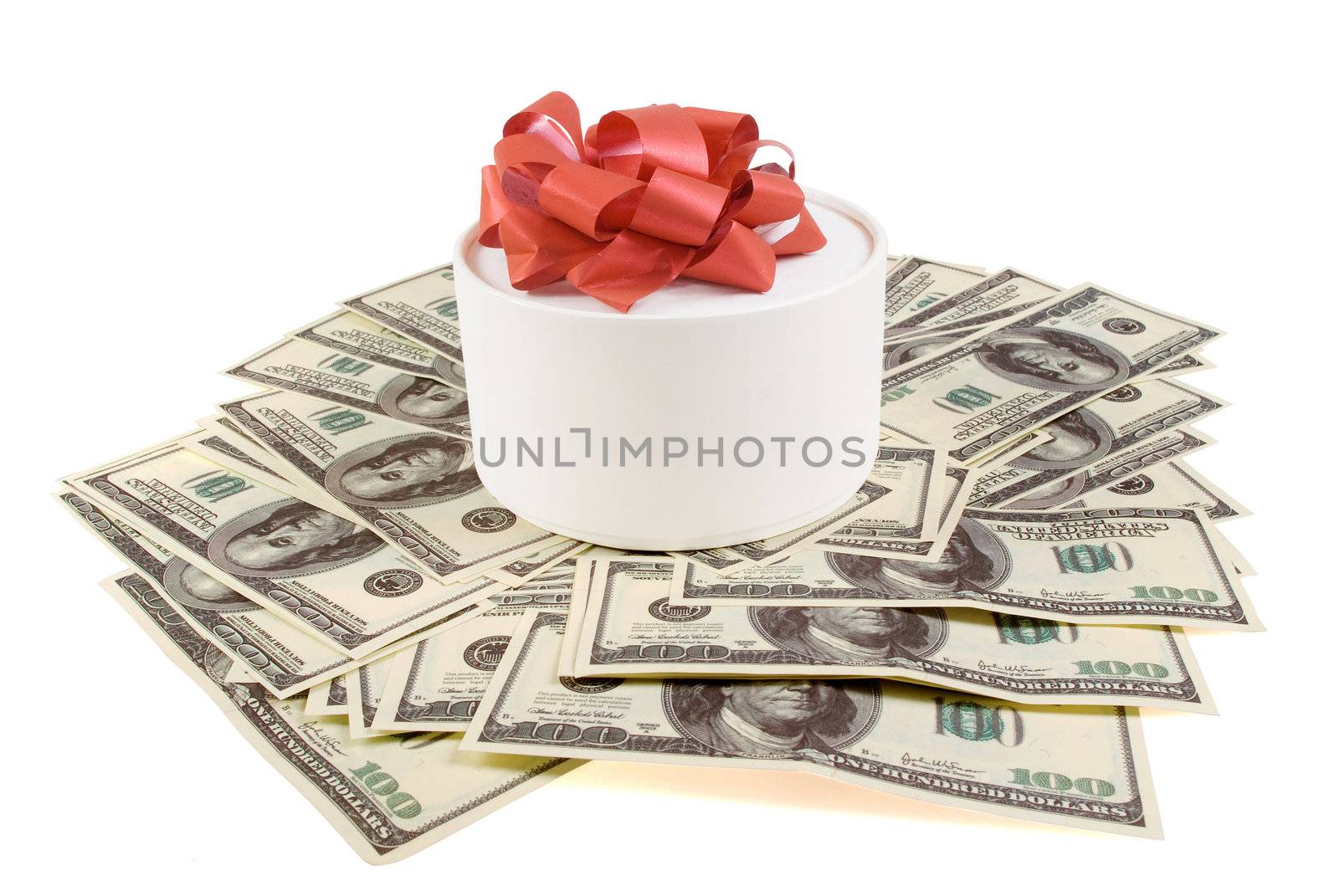 White round box withf banknotes for one hundred dollars by BIG_TAU