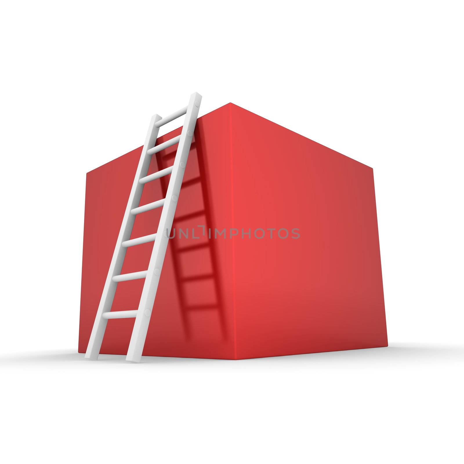 glossy red cardboard box with a white ladder to climb to the top