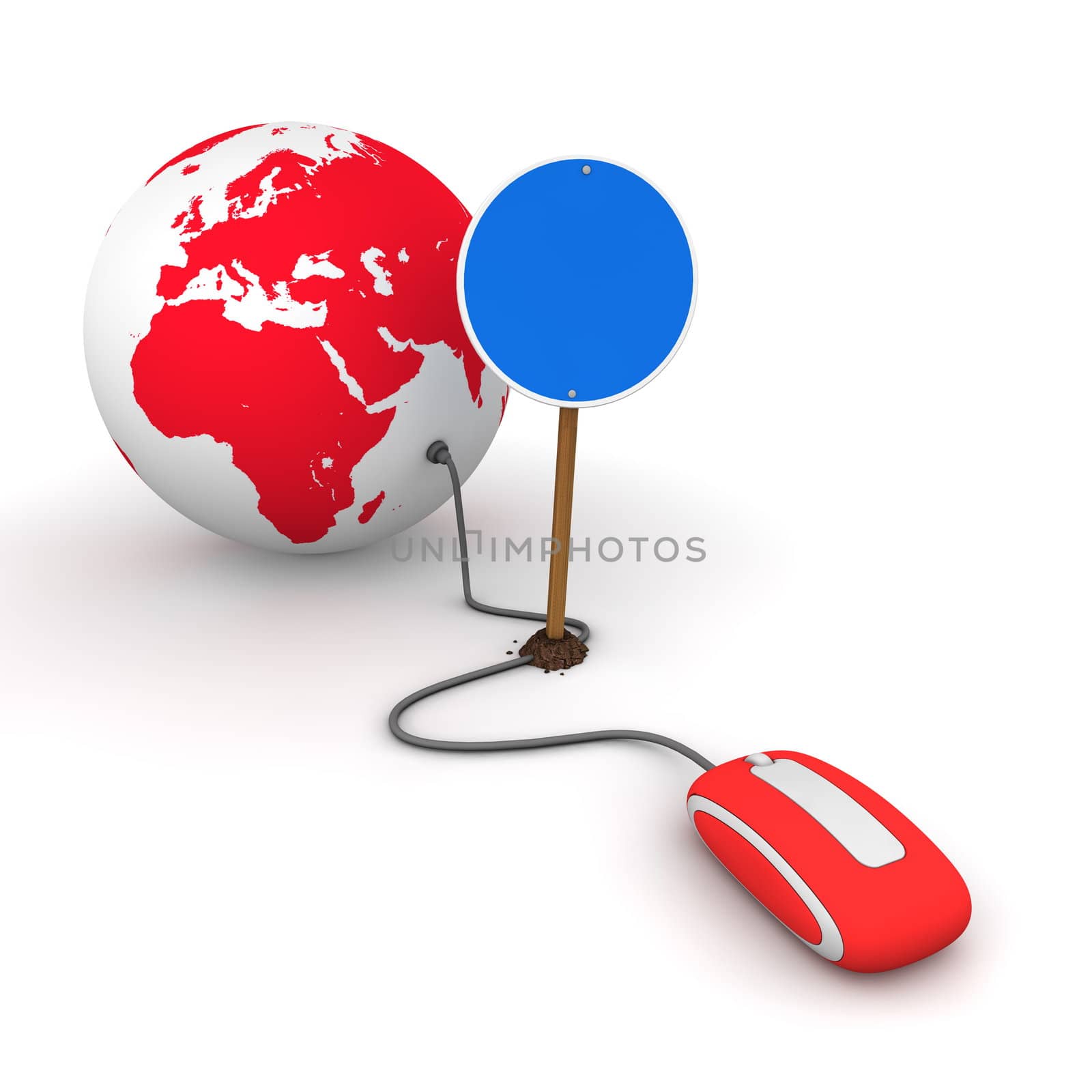 red computer mouse is connected to a red globe - surfing and browsing is blocked by a blue round mandatory-sign - empty template