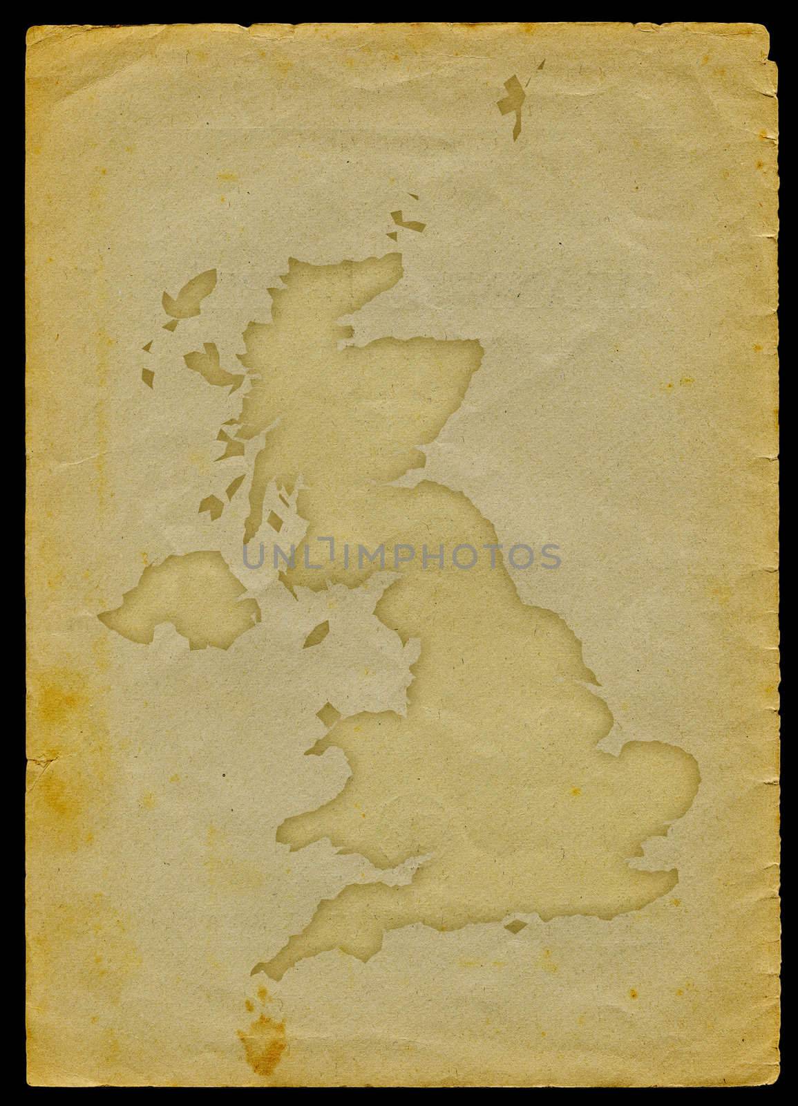 UK map with flag inside engraved on a old paper page

clipping path of the map is included