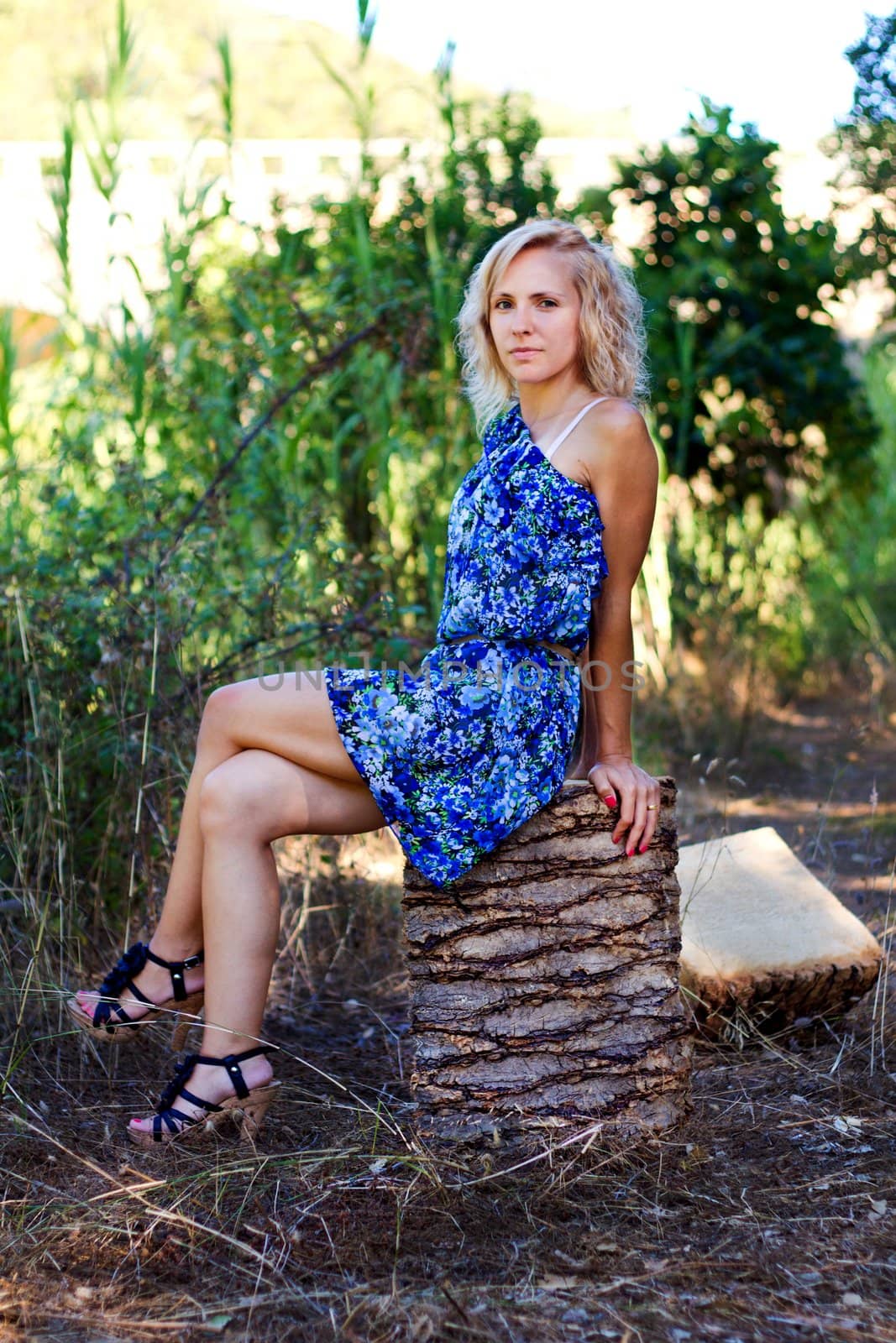 View of a beautiful young girl with a blue dress on the forest.