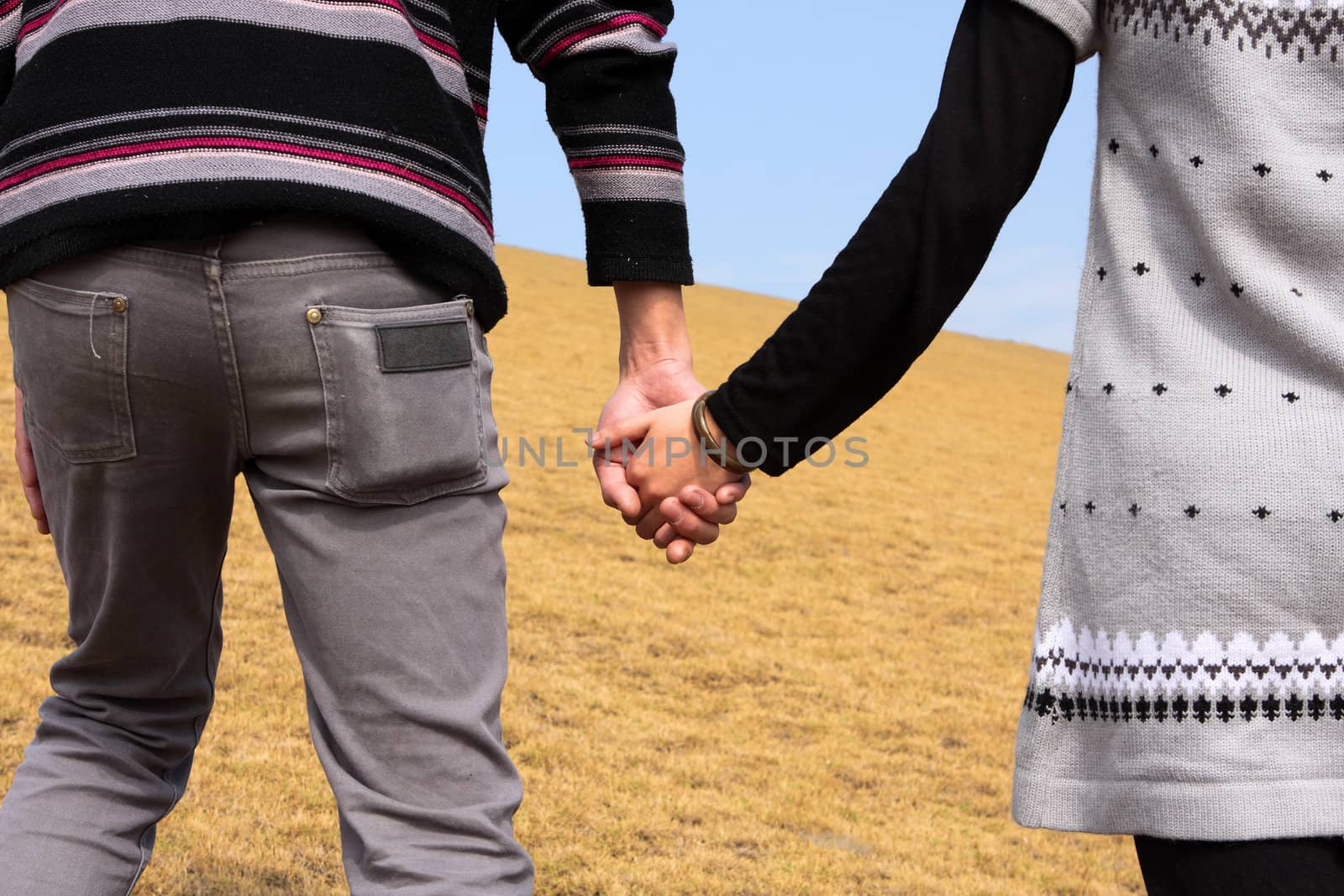 Hand-in-hand. Couple love in autumn scenery 