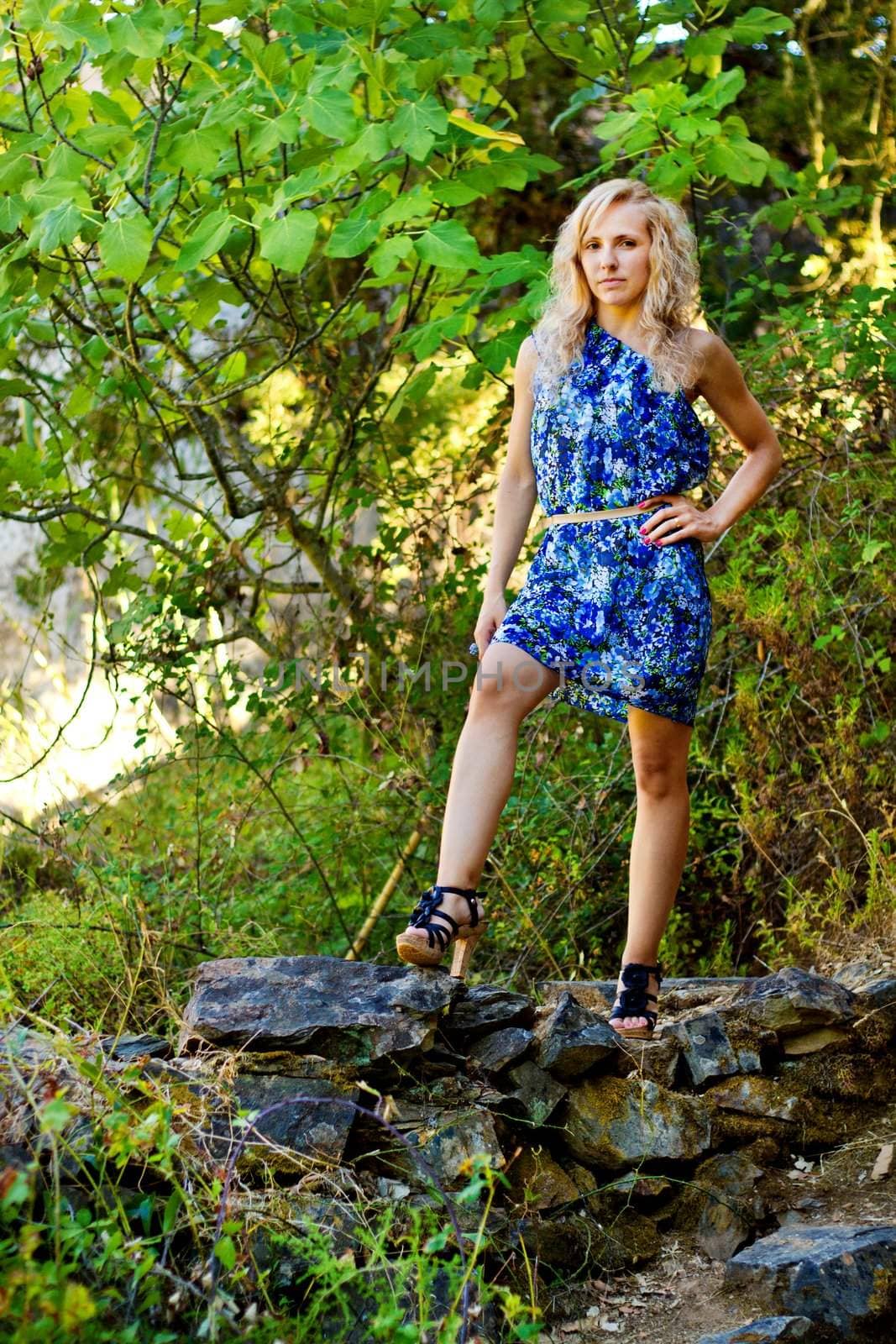 View of a beautiful young girl with a blue dress on the forest.