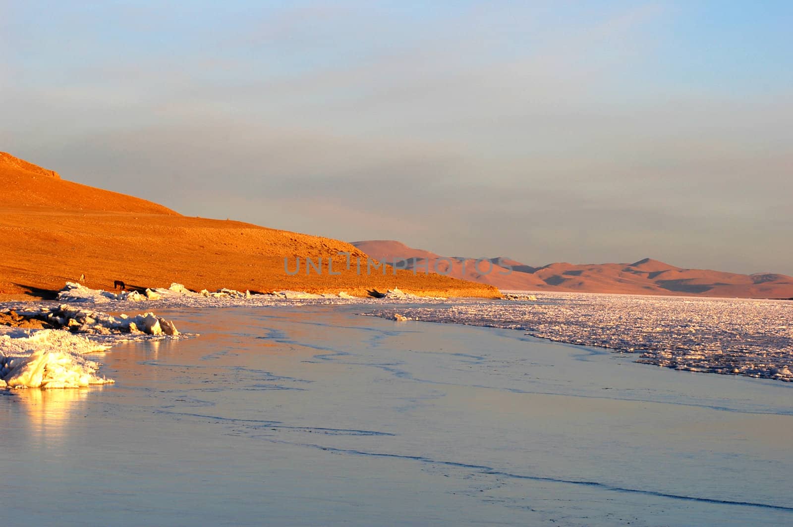 View of golden lakeside at sunrise in Tibet