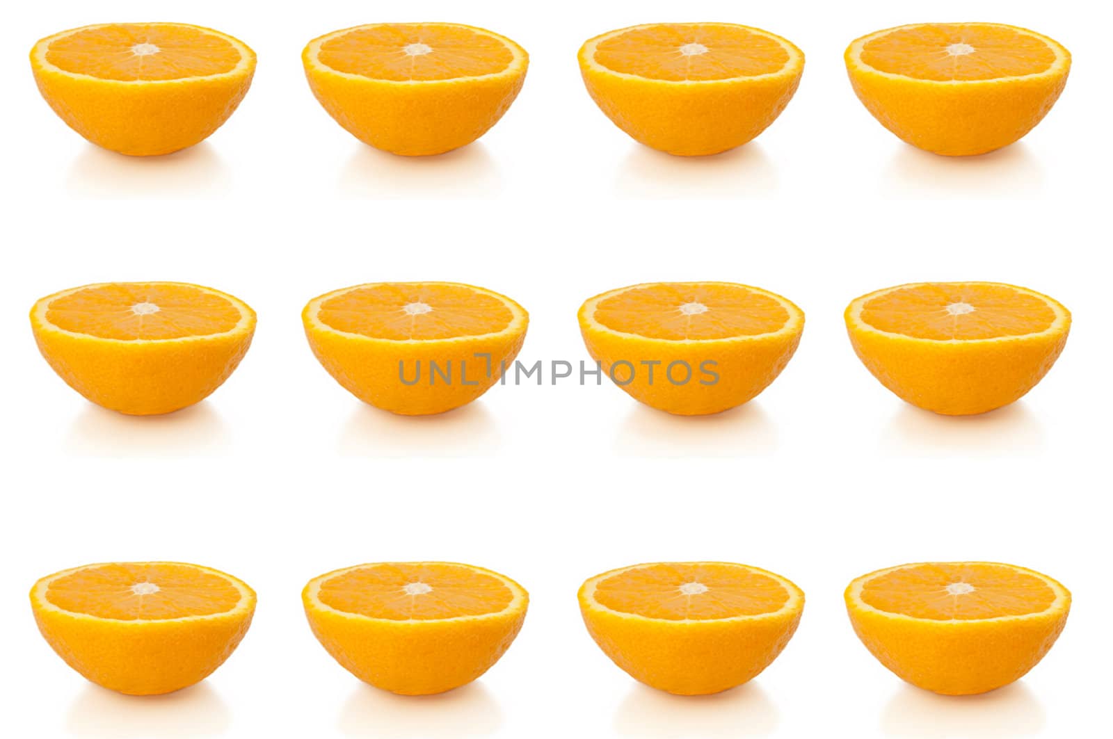 twelve small orange halves arranged in horizontal lines along the bottom, middle and top of the image and over white.