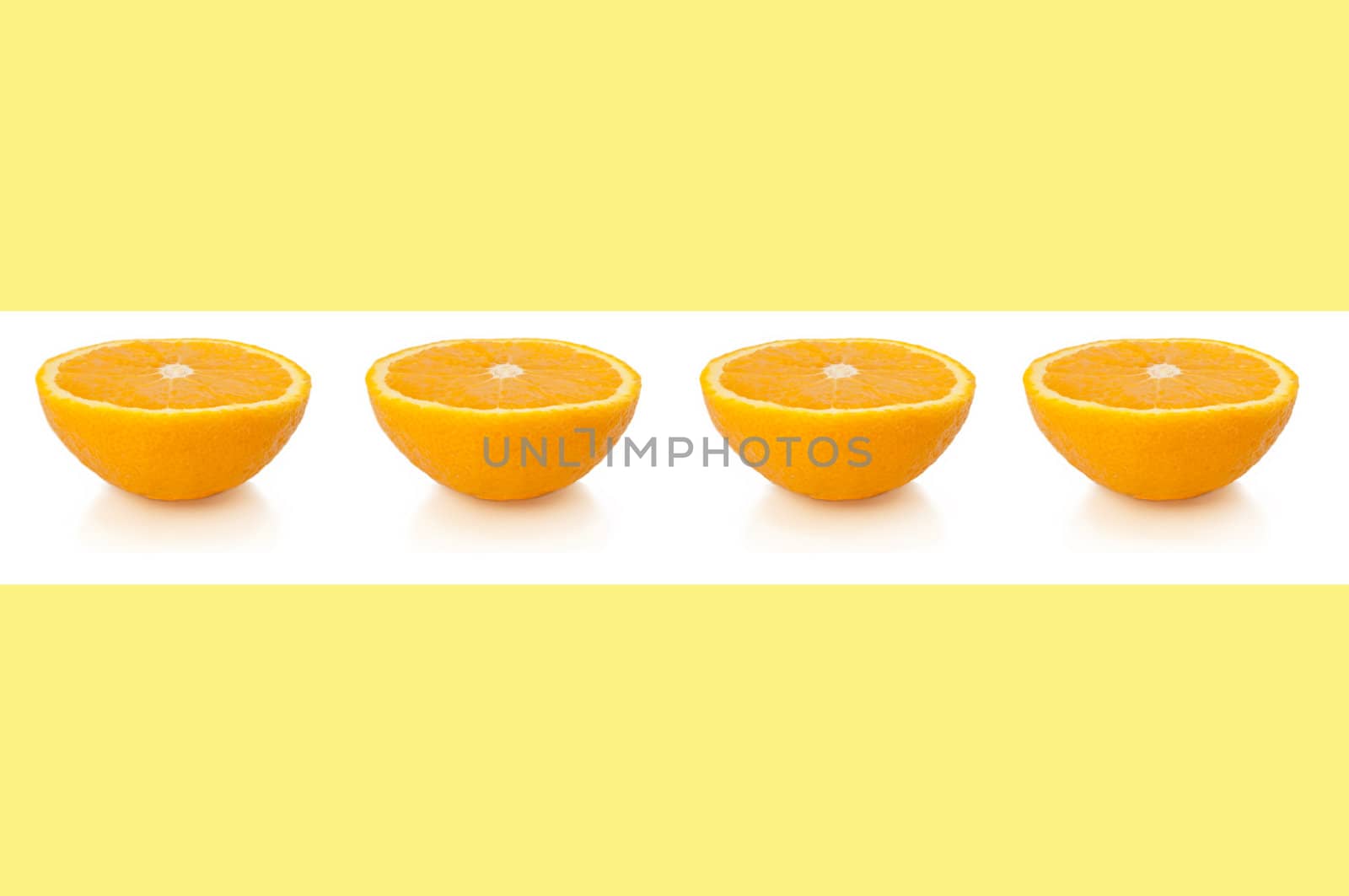 A line of small orange halves over white horizontal band against a pale yellow background.