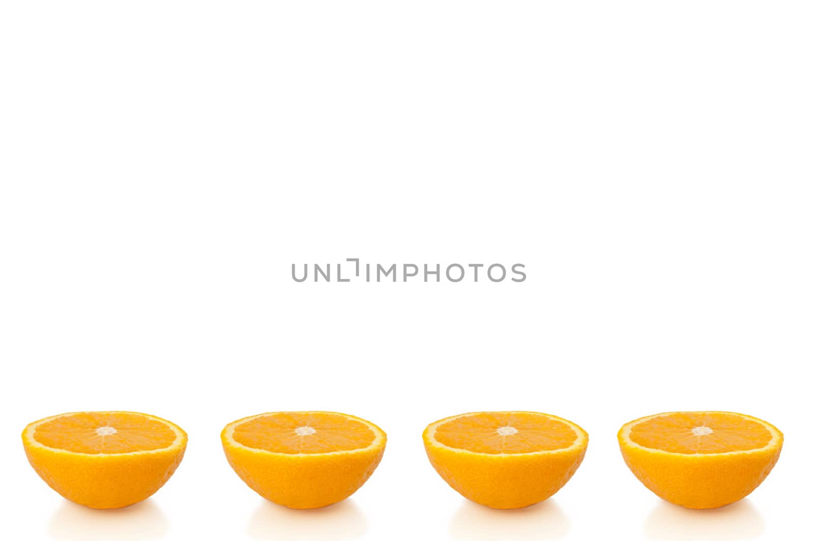 Four small orange halves arranged in a horizontal line along the bottom of the image and over white.