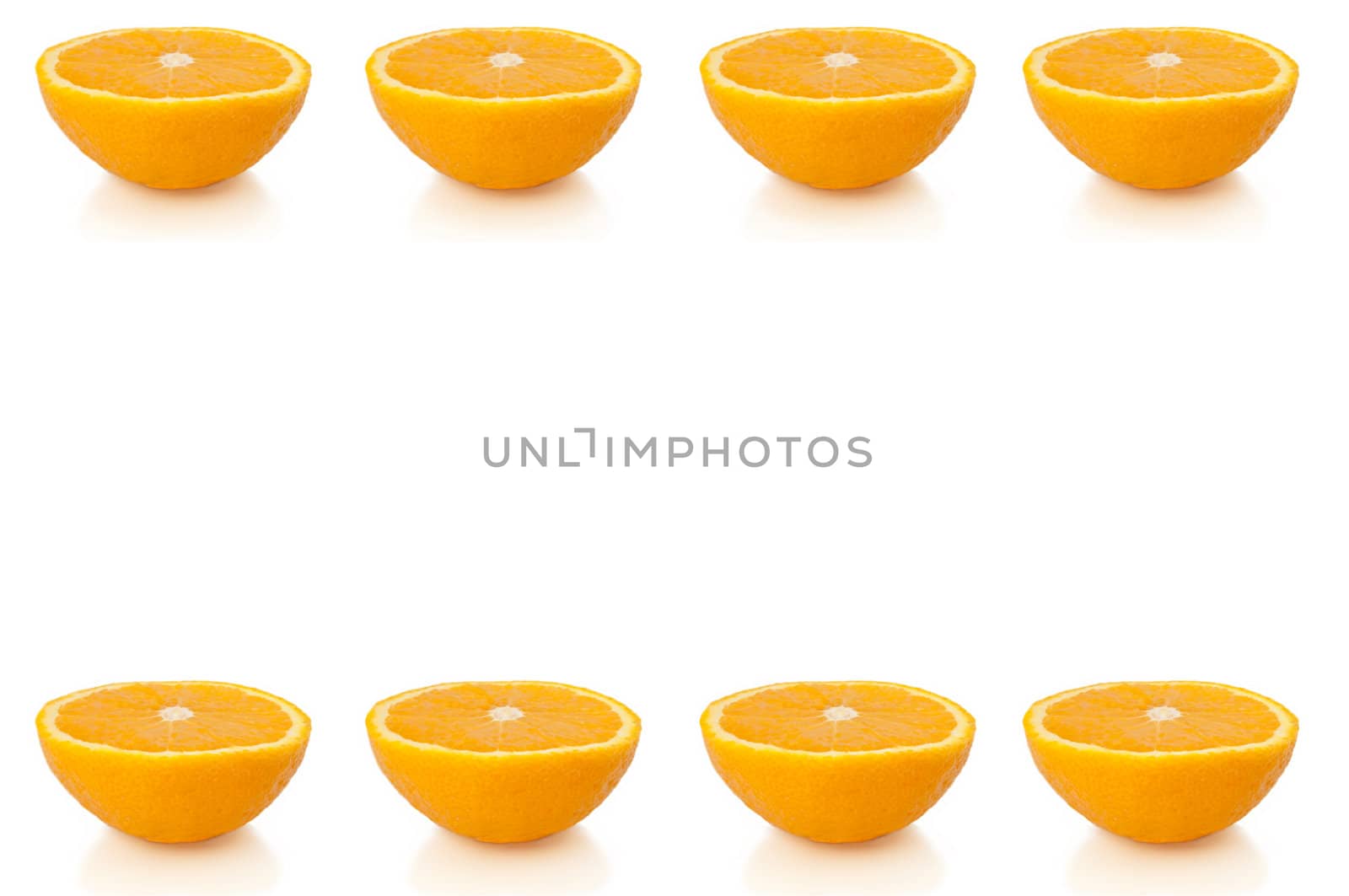 Eight small orange halves arranged in horizontal lines along the bottom and top of the image and over white.