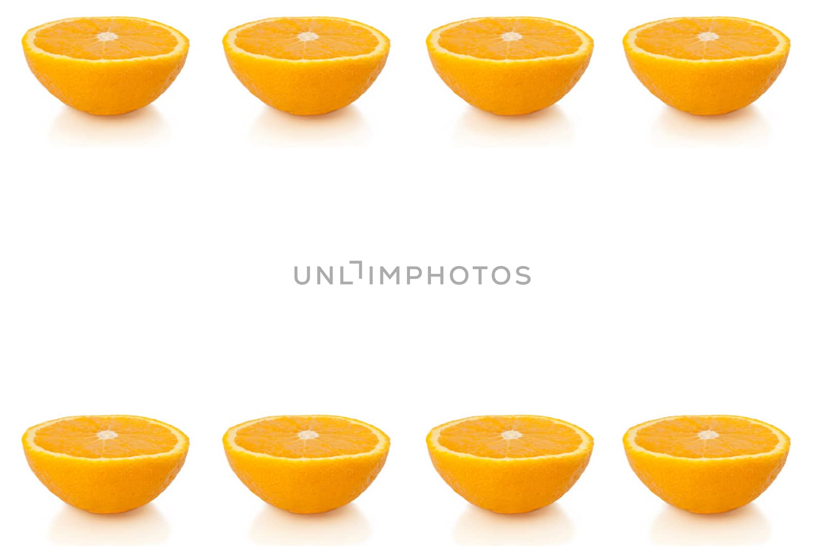 Eight small orange halves arranged in horizontal lines along the bottom and top of the image and over white.